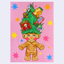 Painting of a stylized troll doll with tall green hair. It has red ink tattoos all over its body and various Japanese candies and snacks in its hair. Background is pink with colorful star patterning.