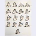 A sheet of Garfield cartoon illustrations featuring the cat in multiple poses drinking a can of beer and looking happy, on a light cream background with a white border.
