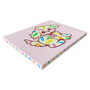 Side view of a painting with a light pink background with a cartoon dog covered in colorful sprinkles and matching sprinkle patterns along the edges.