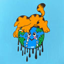Painting of a cartoon planet Earth, with a smiling but crying face and black drips coming off of it. Atop, lays a face down Garfield smoking a cigarette.