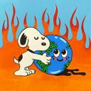 Painting of a cartoon planet Earth with an earnest smile. Behind it are flames against a blue background. Snoopy hugs Earth.