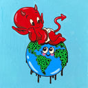 Painting of a cartoon planet Earth, with a smiling face. It has black drips coming off of it. Hot Stuff the Little Devil poses atop the planet.