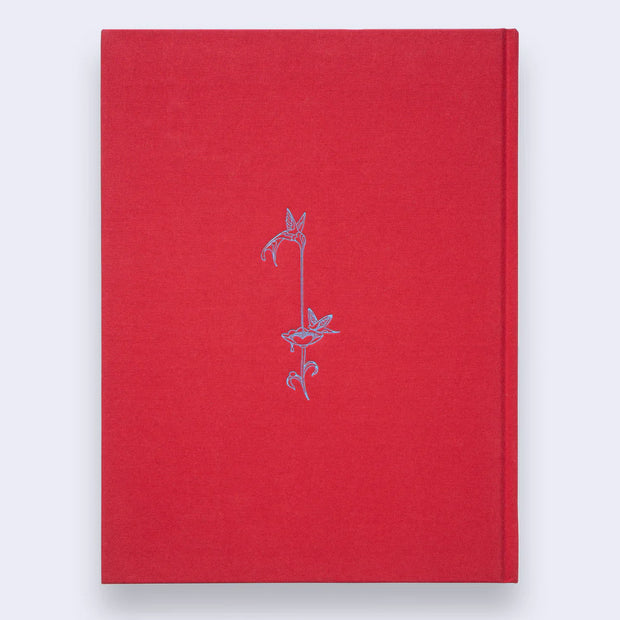 Back cover of Eternal Spiral, a coral colored hardcover book. A small blue line art impression of a hummingbird drinking nectar out of a flower is in the center of the back cover.