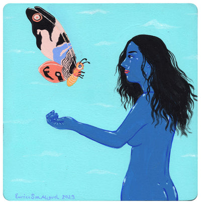 Painting a blue woman, standing nude with one hand extended out. She looks face to face with a smaller version of Mothra, who flies to her. Background is a bright aqua blue.