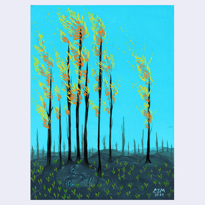 Vibrantly colored painting of an open field, with many burnt trees in the background. 8 trees burn in the foreground, against a very bright blue sky. 