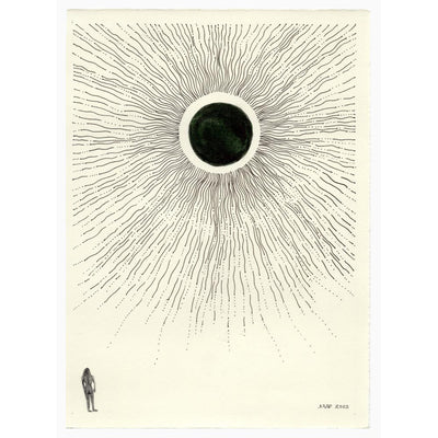Watercolor illustration on cream colored paper of a large black sun with large rays and a tiny person standing underneath.