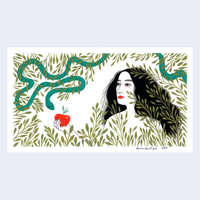 Painting on white paper of a long haired nude woman, seen only from the chest up. She holds an apple and looks at a very long green snake, with leaves framing the piece and obscuring her nudity.