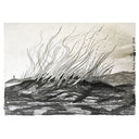 Black and white illustration of a land on fire with a tiny character standing off from afar.