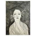 Pencil drawing of a woman's face with intricate details on a dark background