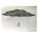 Artistic depiction of a large cloud-like object over a landscape with a small figure.