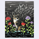 Painting of a cat among flowers on a black background