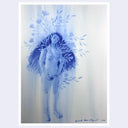 Blue watercolor illustration of a nude woman, standing with flowers blurred and coming out of her body.