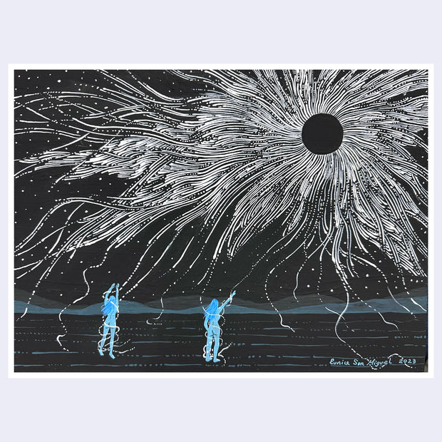 Painting on wood panel of a black night sky, with a black moon emanating many white lines, going in a wild pattern like a firework. 2 small, nude blue women stand under the sparks and are wrapped up in them, like string. 