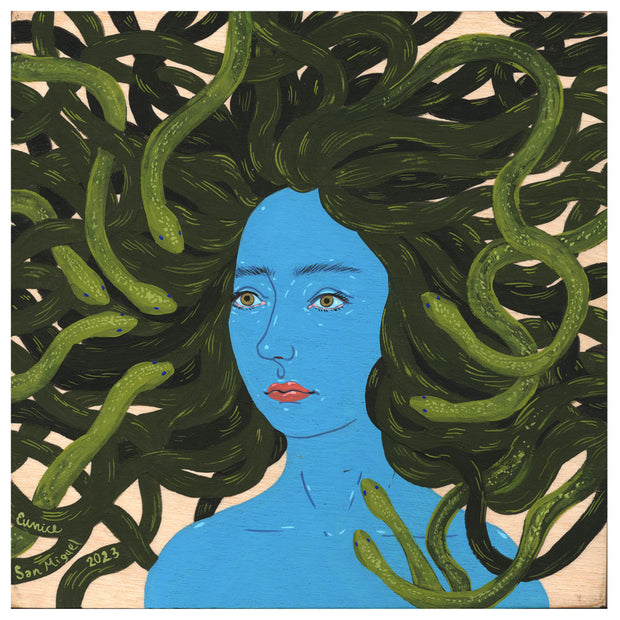 Painted bust of a blue skinned woman with red lips and a wild head of hair made of green snakes, all wrapped around each other.