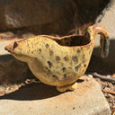 A ceramic horse-shaped pitcher with a cream and brown speckled glaze, resting outdoors on a stone surface.