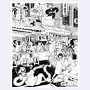 Black and white illustration of a lively street scene with various characters and buildings.