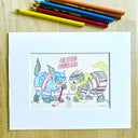 Two hockey player horses face off on the rink. Artwork is in colored pencil and the colored pencils are pictured on the table top with the artwork