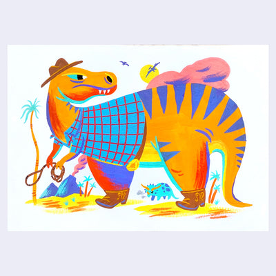 Colorful illustration of a dinosaur in a cowboy outfit with a white background