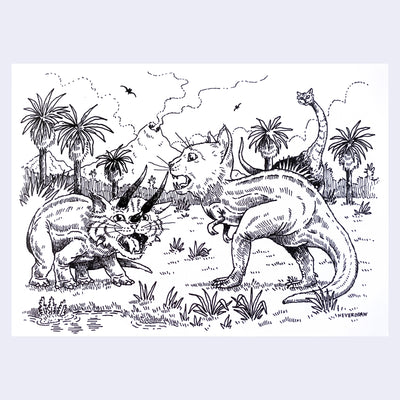 Illustration of three dinosaurs in a prehistoric landscape with palm trees and a blue sky. The dinosaurs all have cat heads.