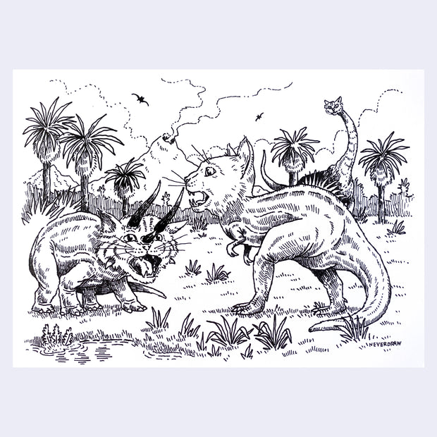 Illustration of three dinosaurs in a prehistoric landscape with palm trees and a blue sky. The dinosaurs all have cat heads.