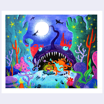 Painting of a colorful underwater cartoon scene with bright, colorful coral, a giant sea monster and a cute octopus playing a fish shaped guitar.