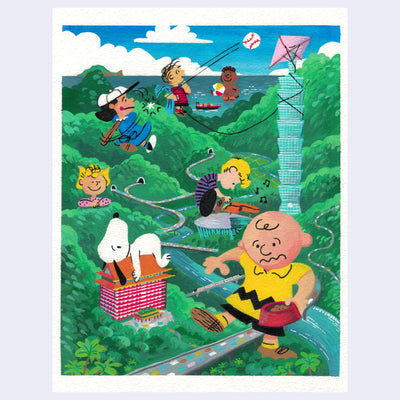Illustration of a lush mountain side with large Peanuts characters (Charlie Brown, Snoopy, Schroeder, etc) interacting around the scene.