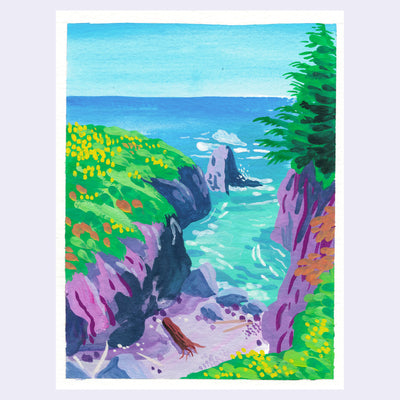 Colorful landscape painting of a cove overlooking the ocean and bright greenery and purple cliffs.