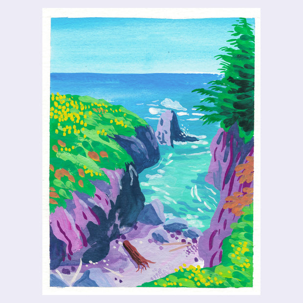 Colorful landscape painting of a cove overlooking the ocean and bright greenery and purple cliffs.