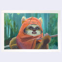 Mixed media illustration of a film still from Star Wars of an Ewok, wearing a red hood.