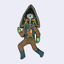 Illustration made with many lines, giving it the feel of a folk art woodcut on a die cut wood panel of a character with a triangular head, 2 small eyeball characters are inside with their arms up.