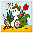 Cartoon style painting of a cute green dinosaur, sitting and looking sad with a single tear. Behind it are various flowers and a light blue clear sky.