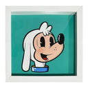 Flat, graphic style painting of a white cartoon dog with a tan face, akin to Goofy or Mickey Mouse, and large black eyes and a happy smile. It has a blue collar and is on a teal background.