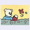 Cartoon dog holding a red watering can with butterflies in the background, watering white flowers on greenery.