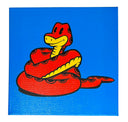 Painting on bright blue background of a red cartoon style snake with a yellow underbelly and brown dots along its back. Its coiled into itself.