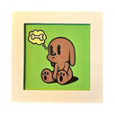Painting of a cartoon dog with a thought bubble containing a bone on a green background