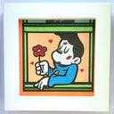 Cartoon style painting of a character leaning against an open window sil, holding a flower with kisses and hearts flying.