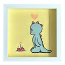 Illustration of a blue Godzilla like monster, in a cute style, with pink horns looking at a pink heart above a small pink castle on a yellow background.