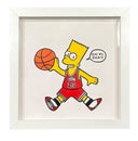 Painting of Bart Simpson, dressed like Michael Jordan in the iconic Air Jordan pose - holding a basketball with a speech bubble that says "eat my shorts"