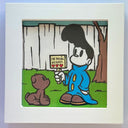 Painting in cartoon style of a character standing next to a brown dog. The character holds a sign that reads "I'm trying my best"