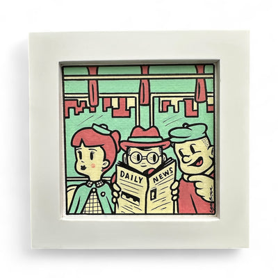 Illustration of three people on a bus reading a newspaper, framed in white.