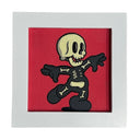Illustration of a cartoon skeleton, dancing against a red background and in a white frame.