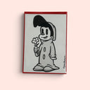 Artwork featuring a black and white cartoon illustration of a character holding a flower, set against a solid pale pink background.