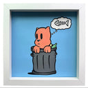 Cartoon character cat in a trash can with a thought bubble containing a fish skeleton on a blue background.