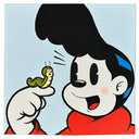 Painting done in a thick line, newspaper comic art style of a character with large black eyes, a black pompadour and a smiling face. He wears a red sweater and has white gloved hands, one which holds up a smiling green caterpillar. 