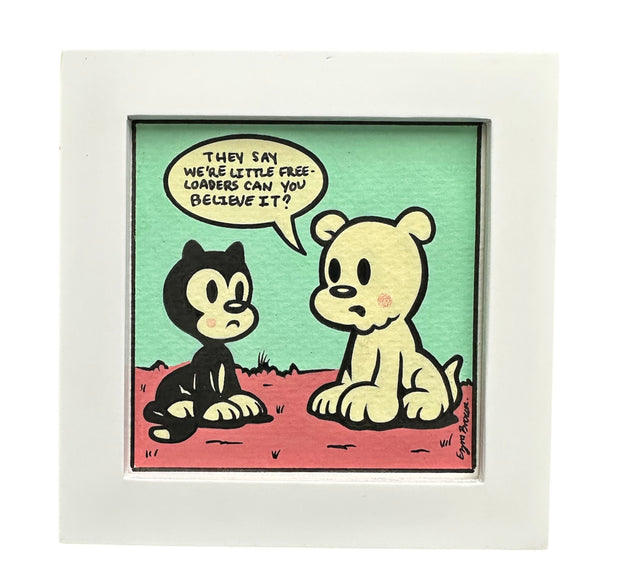 Cartoon illustration of two cartoon pets sitting next to one another with a speech bubble in a framed setting