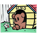 Cartoon dog stting in its doghouse looking at a flower in front of its house labeled 'Dino'.
