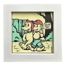 Cartoon illustration of a boy and dog, walking side by side with a speech bubble on a framed background