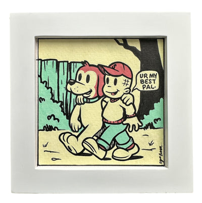 Cartoon illustration of a boy and dog, walking side by side with a speech bubble on a framed background