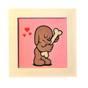 Illustration of a cartoon dog holding a bone on a pink background with a beige frame