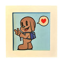 Illustration of a cartoon dog character with a backpack and peace sign on a light blue background with a heart symbol.